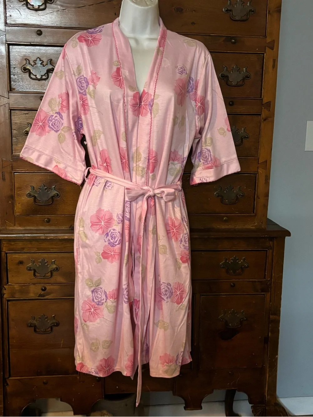 Women’s Pink Floral Robe - Lightweight Tie-Waist Size Large by Diva NNTS